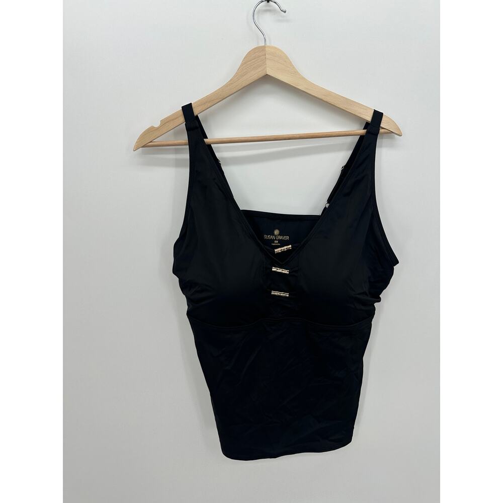 Susan Graver Womens Black Tankini Size 18W V Neck Gold Hardware Beach Swim Vaca